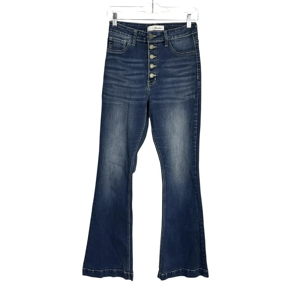Kancan Womens Exposed Button Fly Jeans Sz 9/28 Blue Curvy Flare Hi Rise Stretch‎